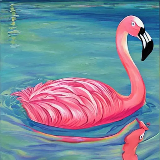 Image similar to flamingo pool float in a vast rippling swimming pool, oil painting