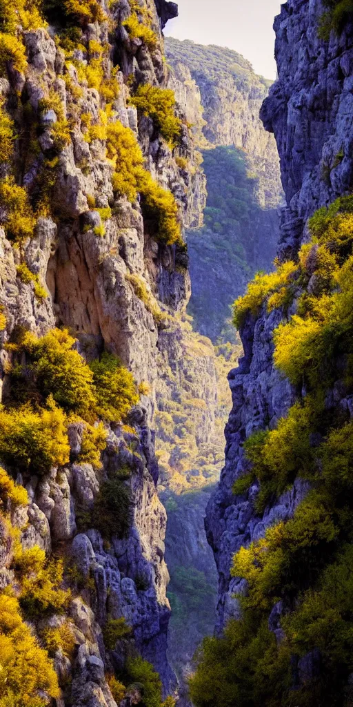 Prompt: Gorge in the mountain, white stone temple classicism ruins, Greek architecture, night dramatic lighting, blue, yellow and purple tones, wide camera angle, matte painting, trending on ArtStation, concept art, delightful surroundings, high detail, sharp contrast, picturesque, 4K, 8K, super graphically realistic detailed, high definition, HDR