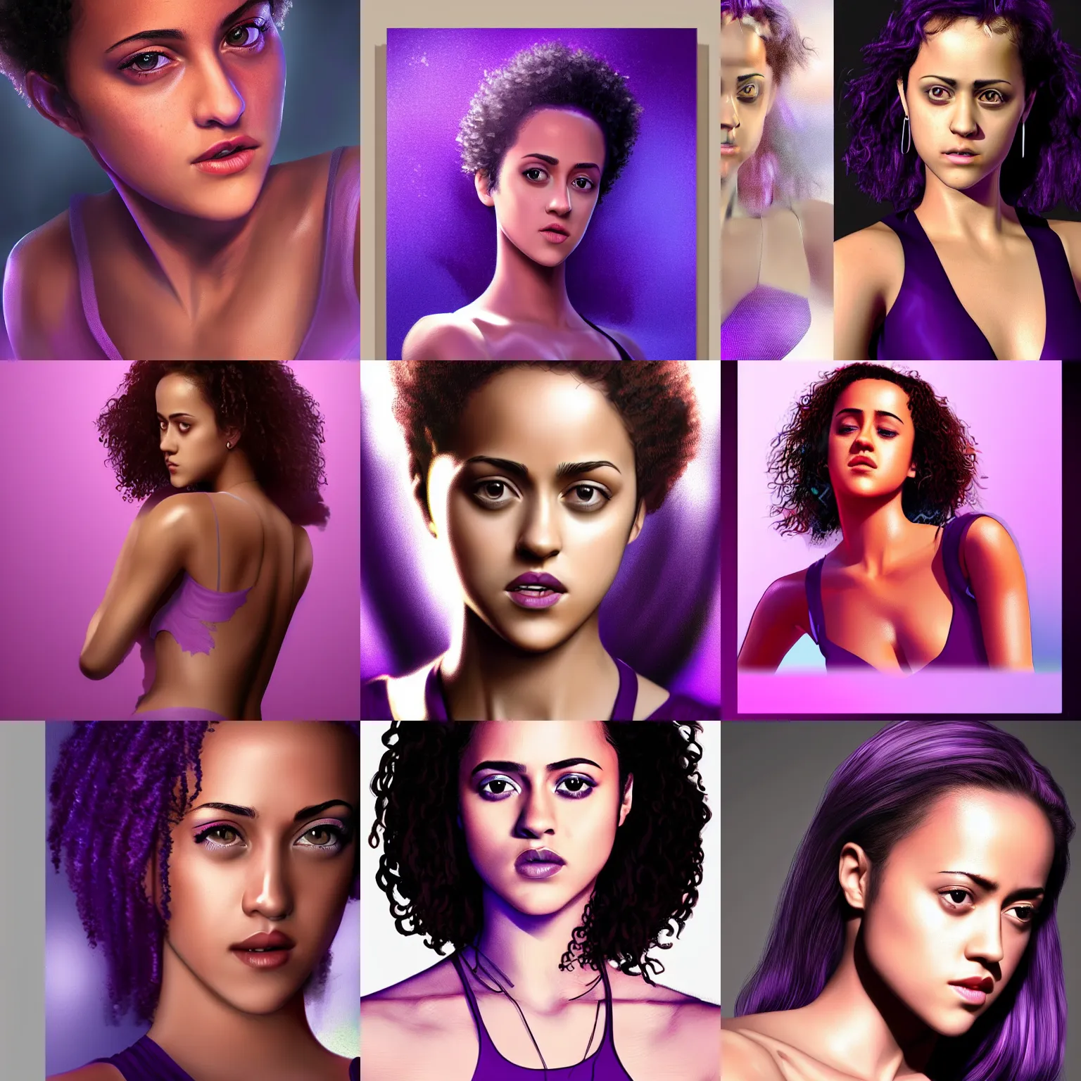 Prompt: violet skinned Nathalie emmanuel. Smooth violet skin. Dark violet skin. Lit by purple light. Photorealistic digital art trending on artstation, artgem, 4k HD