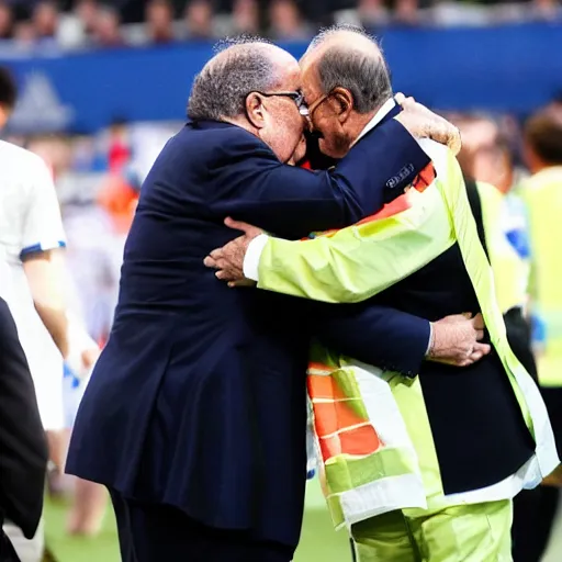 Prompt: florentino perez hugging a fax telephone