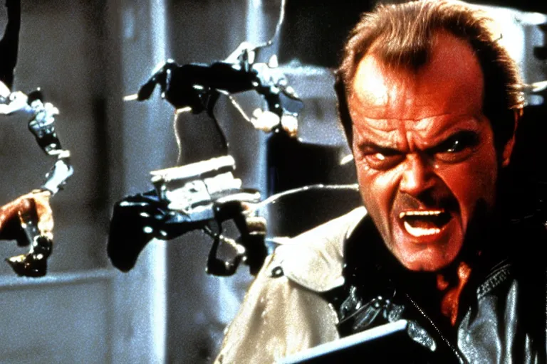 Image similar to Jack Nicholson plays Terminator, action scene where he destroys Skynet, still from the film