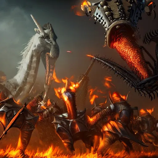 Prompt: a giant fire breathing giraffe wearing intricate spiked iron battle armor attacking a group of fleeing knights, dramatic lighting, highly detailed, photorealistic, cinematic, octane render