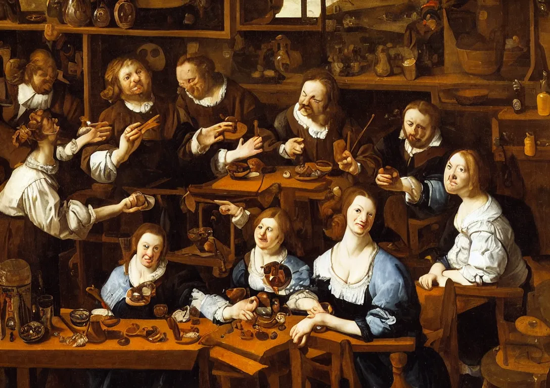 Image similar to Jan Steen. One Beautiful woman symmetric in the center looking at us. Pig, dog, duck, window. Netherlands tavern, low ceiling, small chamber. Hyperrealistic, ultra detailed, 80mm, museum, artwork. Daylight.