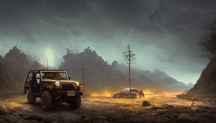 Image similar to Mahindra Thar, an epic fantasy, dramatic lighting, cinematic, establishing shot, extremely high detail, photorealistic, cinematic lighting, artstation, by simon stalenhag, horizon forbidden west