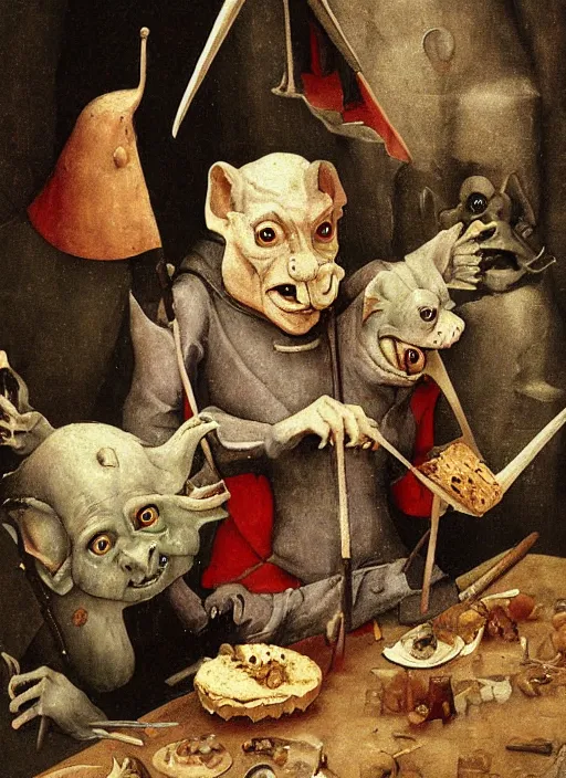 Image similar to medieval goblin eating cakes painted by hieronymus bosch, detailed digital art, trending on Artstation