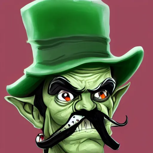 Prompt: a cartoonishly evil goblin, supervillain, top hat and luxurious moustache, green skin, cartoon style, d & d character portrait, victorian clothing, digital art, 8 k,