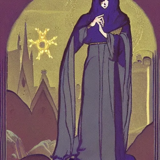 Image similar to a cloaked mage casting a magic spell from her hand toward an ice castle, art nouveau