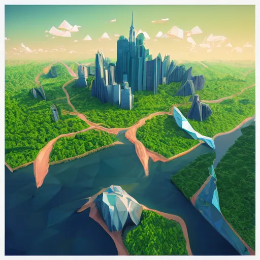 Image similar to low poly art of new york surrounded by waterfalls on a floating island in the sky, isometric art, 3d render, ray tracing, high detail, artstation, concept art, behance, smooth, sharp focus, ethereal lighting, unreal engine 5