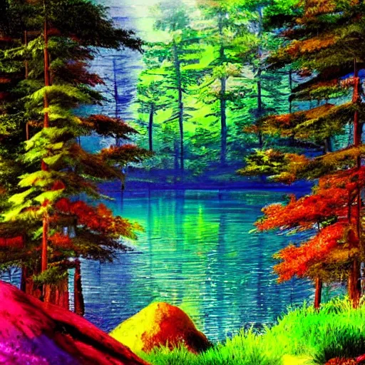 Image similar to colorful forest lake, realistic, detailed