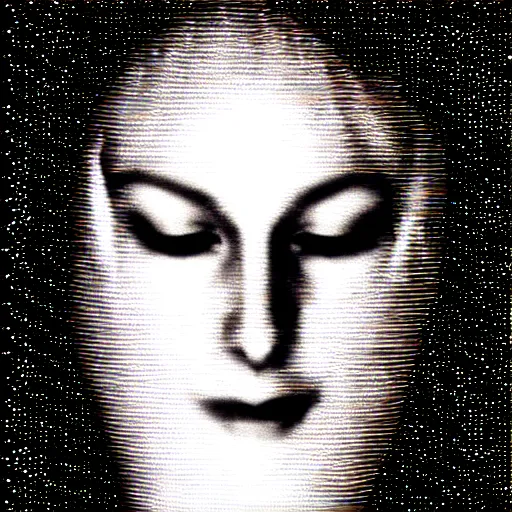 Image similar to vhs static overlay of marian apparition, vhs, 1 9 9 0, highly realistic, highly detailed, vhs noise static, black and white, vhs glitch