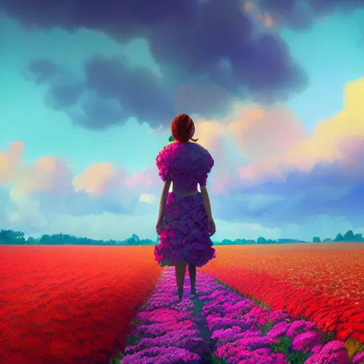 Image similar to head of carnations flower, full body, girl walking in a flower field, surreal photography, sunrise dramatic light, impressionist painting, colorful clouds, digital painting, artstation, simon stalenhag, flower face