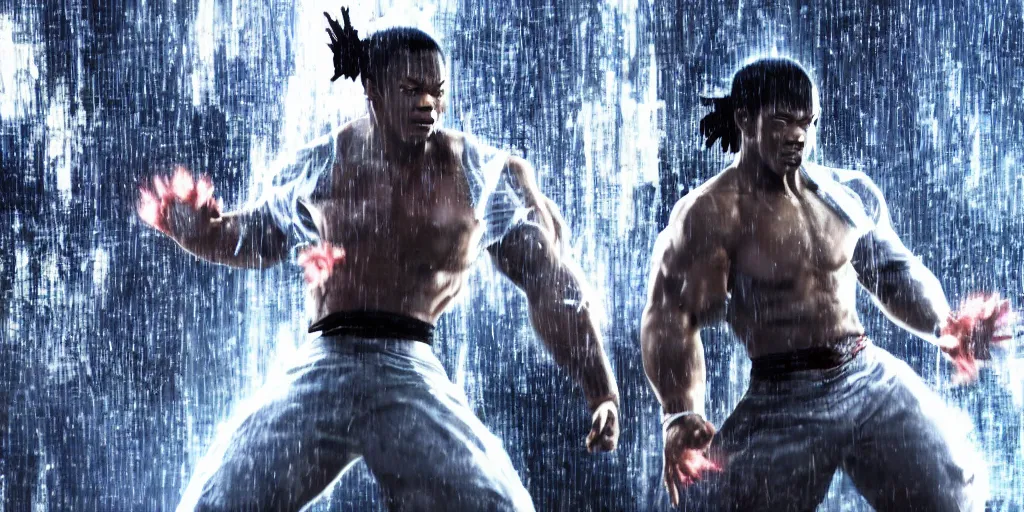 Image similar to a film still of a black man starring in a japanese blockbuster film as kazuya from tekken, shallow depth of field, cinematic, award winning cgi, vfx, film still