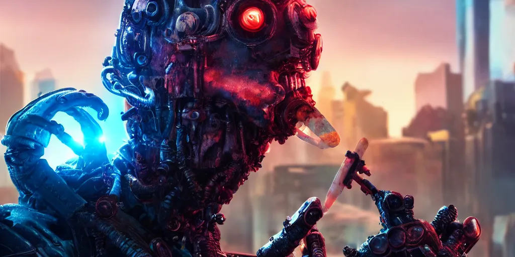 Image similar to a cyberpunk chtulhu creature enjoying a popsicle, closeup, fallout 5, studio lighting, deep colors, apocalyptic setting, vertically mirrored city in background