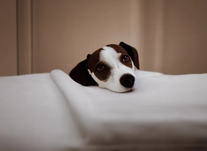 Image similar to photography of a Jack Russel . watching outside the window. on a bed. in a white room.,volumetric light, photorealistic,, award winning photo, 100mm, sharp, cloth, high res