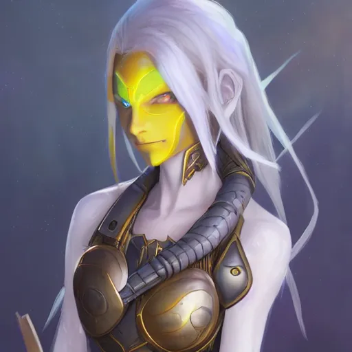 Image similar to a night elf girl with grey skin, yellow eyes and hair, ponytail, wearing armor, highly detailed, digital painting, artstation, matte, by makoto shinkai, animation style