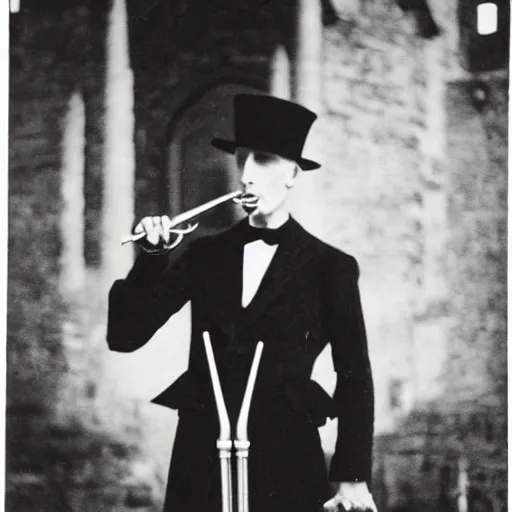 Image similar to vintage photograph of count orlok outside his castle, playing trombone, castle in the background, 4 k