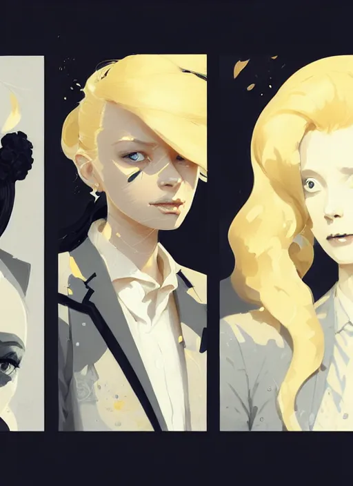 Image similar to highly detailed closeup portrait of beautiful portia doubleday, blonde wavy hair, angela moss, white suit by atey ghailan, by greg rutkowski, by greg tocchini, by james gilleard, by joe fenton, by kaethe butcher, gradient yellow, black and white color scheme, grunge aesthetic!!! ( ( graffiti tag wall background ) )