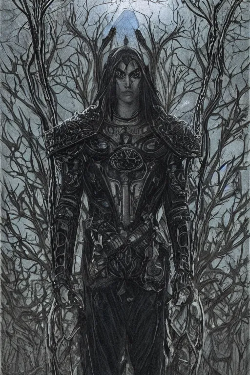 Image similar to portrait of beautiful gothic and futuristic young man, warcraft, cyber and rocks armor whith some trees, a lot of more and more scars, thunderstorm, black with white head, the middle ages, highly detailed, artstation, illustration, more and more composision, 8 k quality, art by jean delville