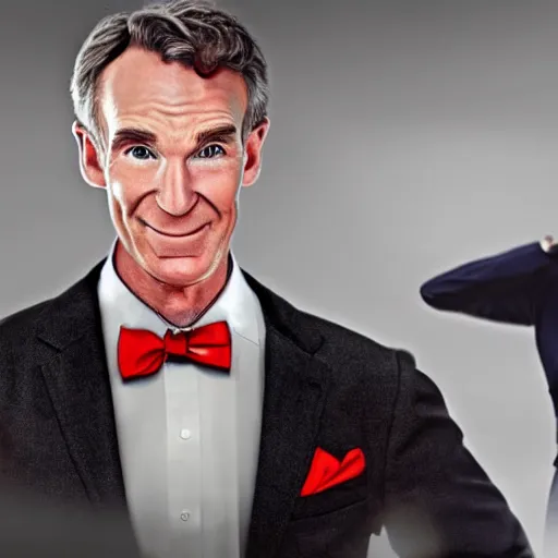 Prompt: Photorealistic art of Bill Nye as antman, full body, action shot, high definition, cinematic, realistic