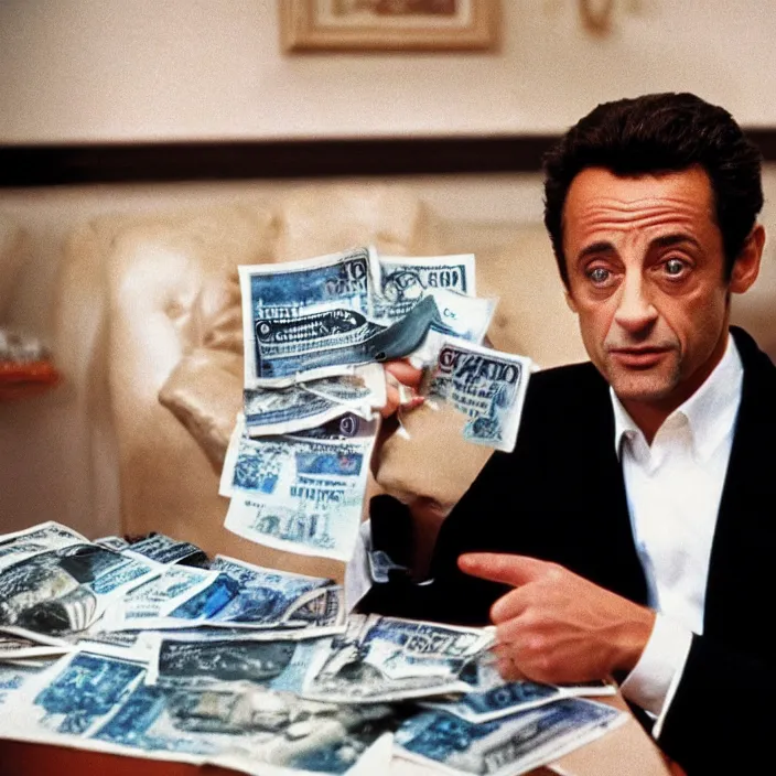 Image similar to movie still of Nicolas Sarkozy with cocaine and bank notes in Scarface, cinestill 800t 18mm heavy grain, 70s movie