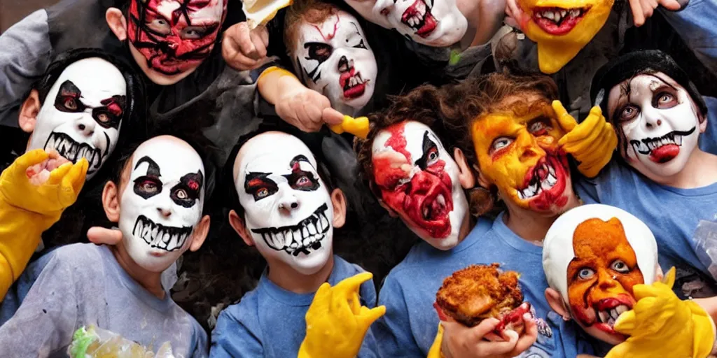 Image similar to cyclops Juggalo coneheads school food fight, detailed facial expressions