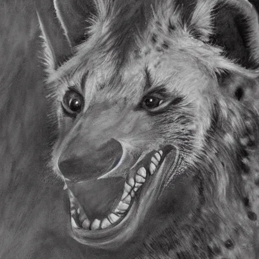 Image similar to highly detailed charcoal painting of a devilish hyena in the woods