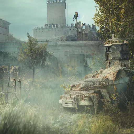 Image similar to post-apocalyptic overgrown kremlin, digital art, octane render, beautiful composition, trending on artstation, masterpiece