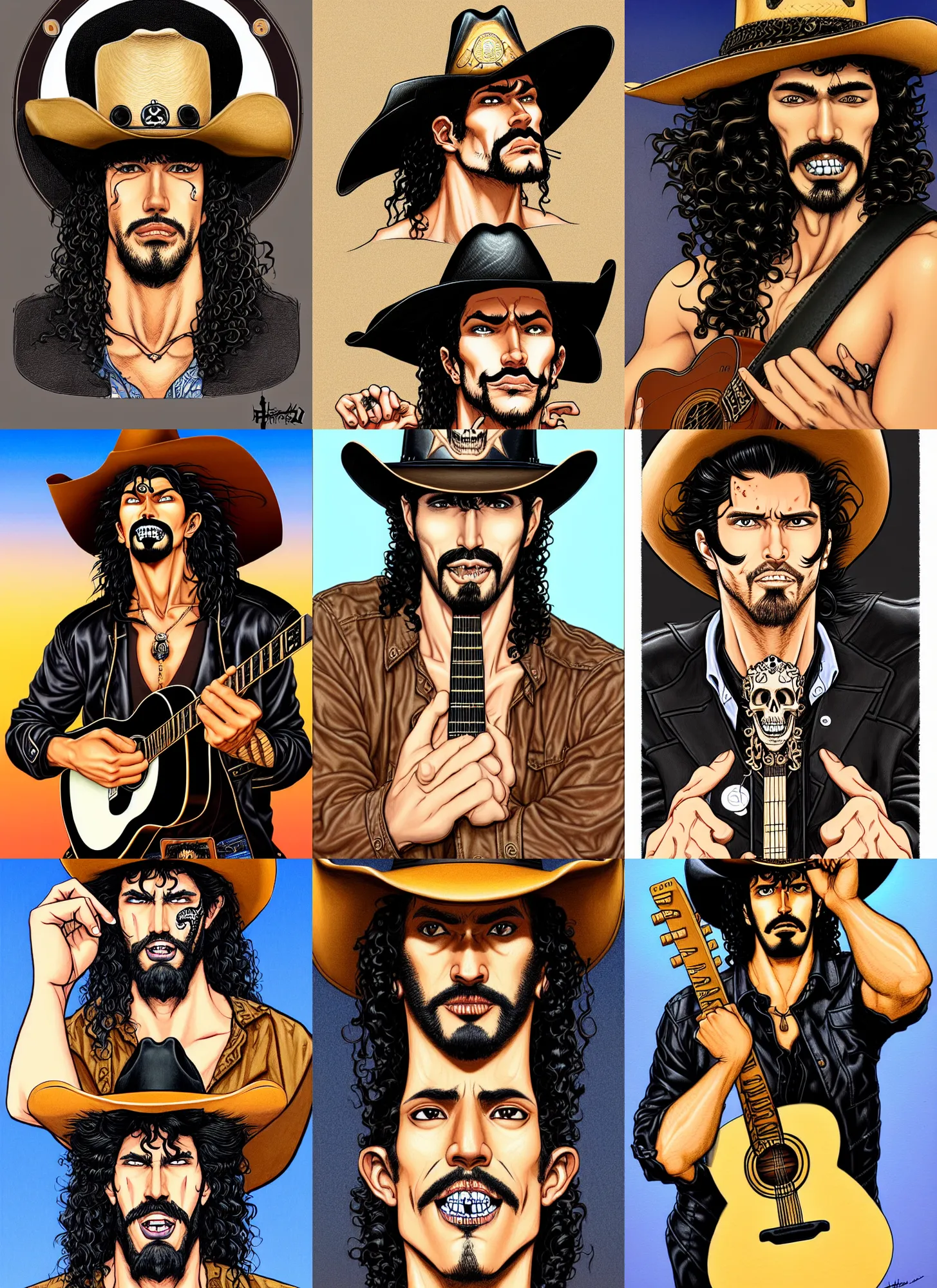 Image similar to illustration of a handsome!! man with long black curly hair + tan skin + anchor goatee, guitar in black leather case | wearing a cowboy hat with a skull emblem | art by hirohiko araki & jean giraud & artgerm & jack kirby | artstation, character design, concept art, full body, digital painting | intricate, high detail, smooth, sharp focus