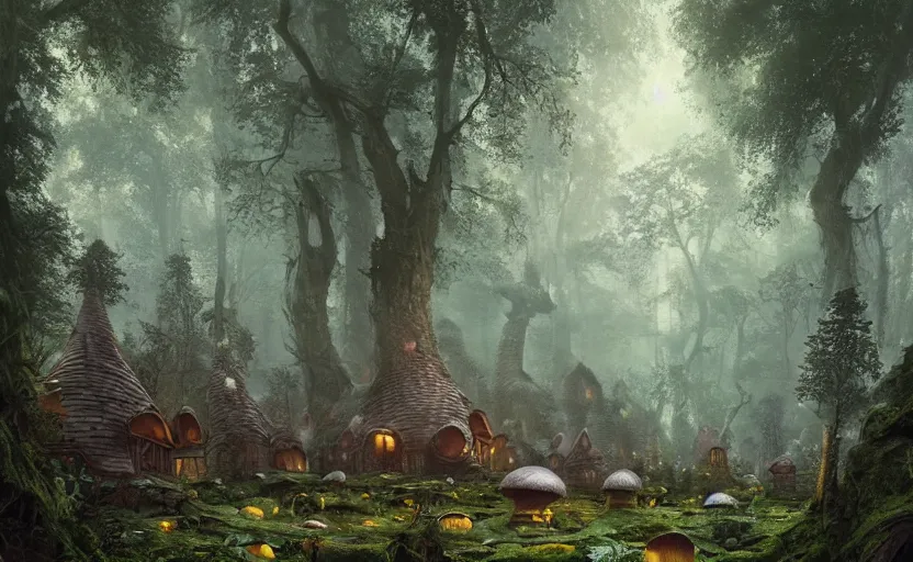 Image similar to A mushroom house in the foreground, other mushroom houses in the background, in a dark forest, macro, mysterious matte painting by greg rutkowski and marc simonetti and Ivan Shishkin