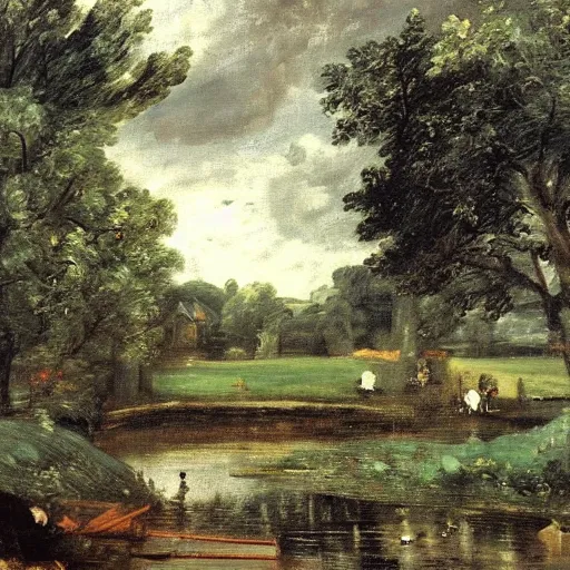 Prompt: Batman in a pastoral setting, painted by John Constable, oil on canvas