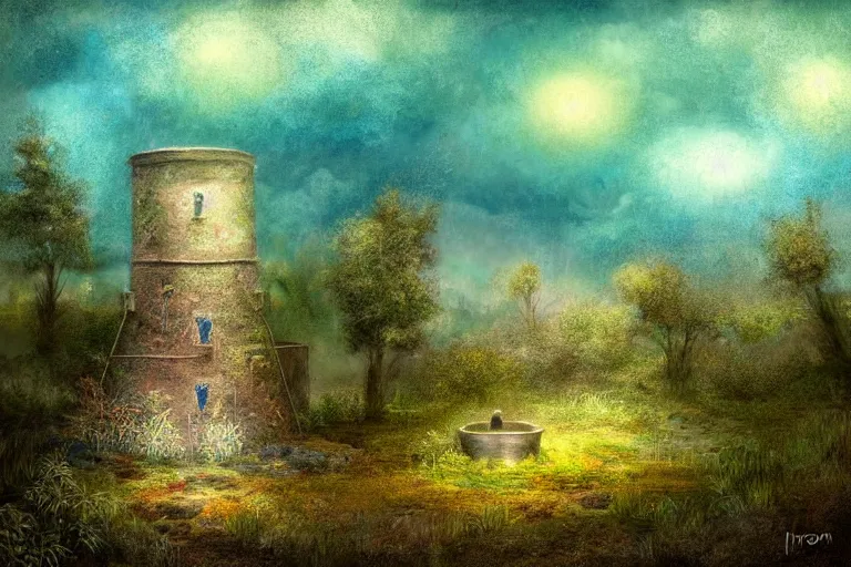 Prompt: nocturnal landscape view of an iridescent cloud coming out from a water well near an old wood cottage in a desolate wasteland full of strange vegetation. detailed, soft light, sharp focus, intricate, trending artstayion, digital art