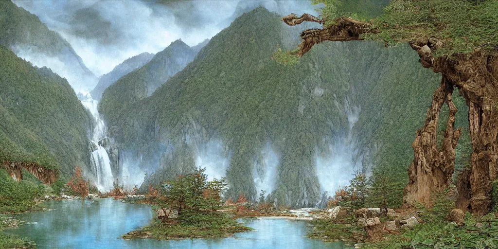 Image similar to art by john howe of the cinematic view of the jiuzhaigou valley forest