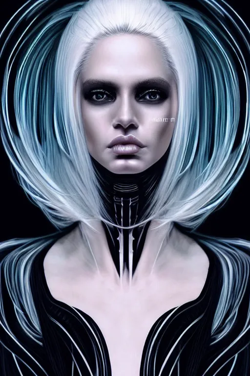 Image similar to Supermodel woman turning into an Android portrait, dark surrealism , scifi, intricate design, elegant, sharp black eyebrows, ornate long flowing platinum blonde hair and small black streaks, highly detailed cybernetic body, neon glowing eyes, digital painting, artstation, concept art, smooth, sharp focus, illustration, art by Artgerm and moebius and Peter Mohrbacher