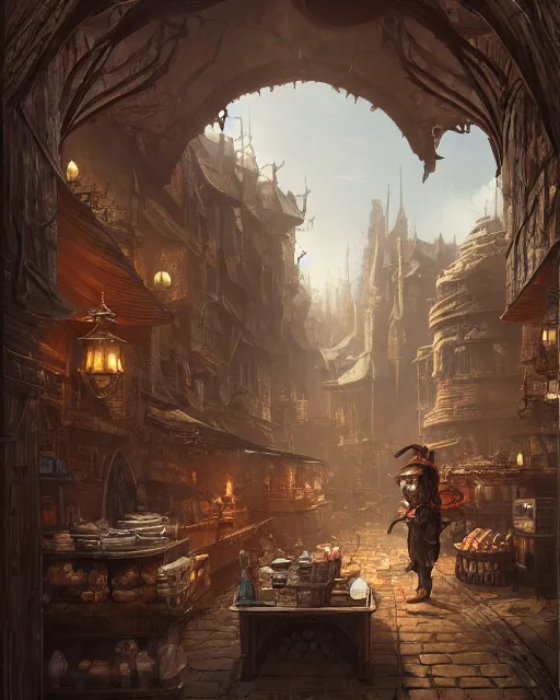 Image similar to A merchant selling treasuries, highly detailed store, fantasy art, goblin art, in the style of greg rutkowski, illustration, epic, fantasy, intricate, hyper detailed, artstation, concept art, smooth, sharp focus, ray tracing