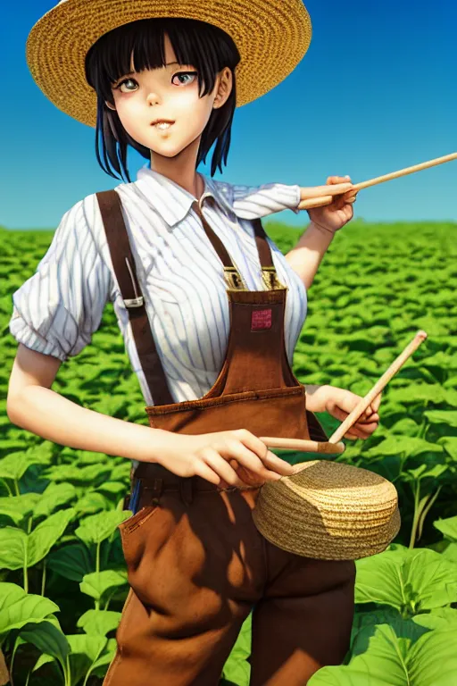 Image similar to mandragora farmer girl working on the sunny day, wearing a suspender and straw hat, artgerm, artstation, art by hiroaki samura and jiro matsumoto and yusuke murata, fantasy, box office hit, movie poster, unreal engine, octane render, sharp focus, high quality, highly detailed 8 k