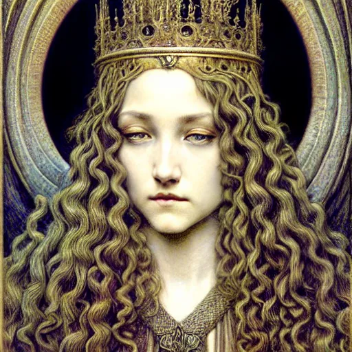 Prompt: detailed realistic beautiful young medieval queen face portrait by jean delville, gustave dore, ernst haeckel and marco mazzoni, art nouveau, symbolist, visionary, gothic, pre - raphaelite