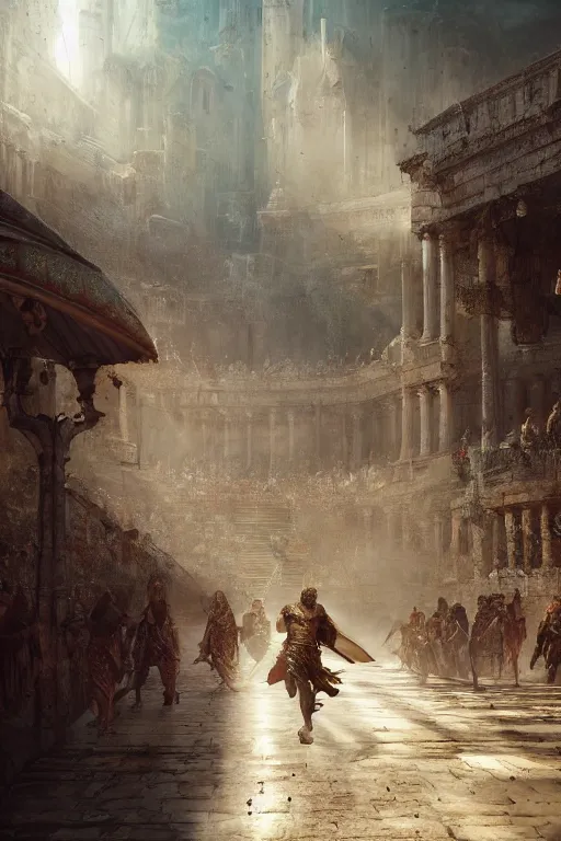 Prompt: a gladiator in roman times, intricate, elegant, volumetric lighting, scenery, digital painting, highly detailed, artstation, sharp focus, illustration, concept art,ruan jia, steve mccurry