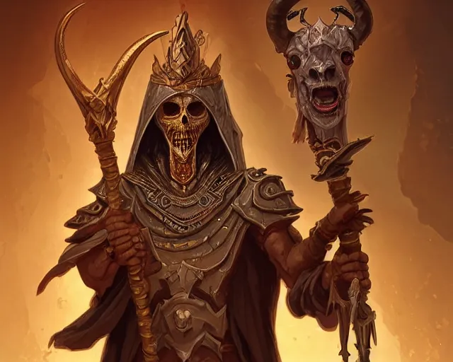 Image similar to an undead desert lich pharaoh, holding a goat head staff, deep focus, d & d, fantasy, intricate, elegant, highly detailed, digital painting, artstation, concept art, matte, sharp, illustration, hearthstone, art by artgerm and greg rutkowski and alphonse mucha