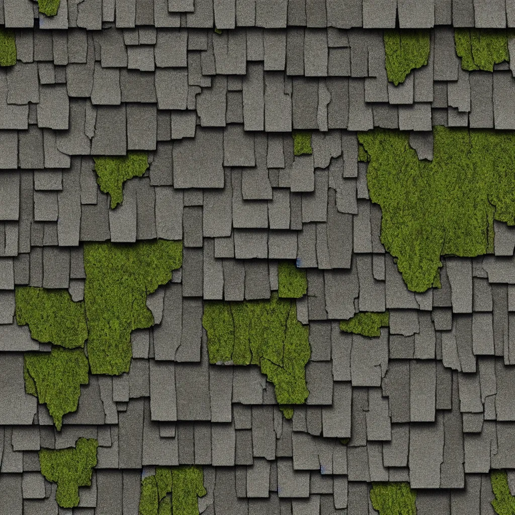 Prompt: seamless tileable texture of old cracked roof shingle of various colors, realistic, very detailed, with moss, beautiful, intricate details, sharp focus, substance designer, substance render, substance painter, marmoset, unreal engine, octane render