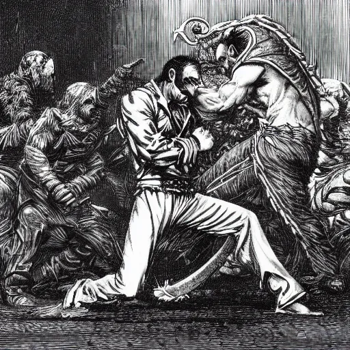 Image similar to A scene from Tekken 7, wood engraving, by Gustave Dore