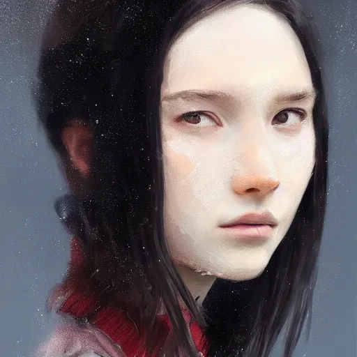 Prompt: portrait of a girl by greg rutkowski, she is about 2 0 years old, mixture between russian and japanese, prettt, black bob hair with two strands around her face, wearing a oversized jumper jumpsuit, highly detailed portrait, digital painting, artstation, concept art, smooth, sharp foccus ilustration, artstation hq