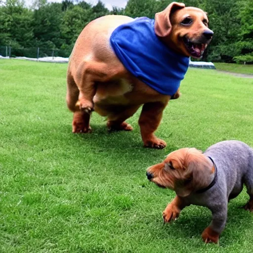 Prompt: A tardigrade and a daschund play together in a dog park