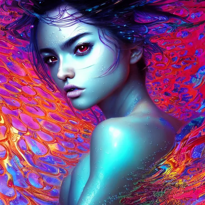 Prompt: ultra detailed illustration of a angry latin girl covered in a sea of iridescent liquid, lost in a dreamy oriental realm by nekro, Karol Bak, colorful, front view, vivid colors, 8k, coherent, anime vibes, uplifting, magical composition, artstation, synthwave, 8k, coherent, artgerm, uplifting, unreal engine, magical composition, artstation