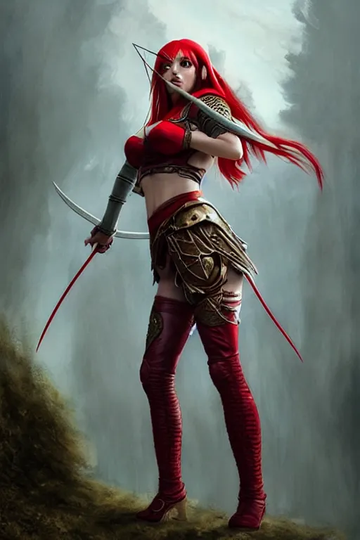 Prompt: Female elf archer, dnd, d&d, leggins, red skintight leather armor, red hair, Low-Angle, visible face!, beautiful face!, alluring, D-cup, toned derriere, high fantasy, realistic!, extremely detailed, matte painting, by wlop and tomasz alen kopera, octane