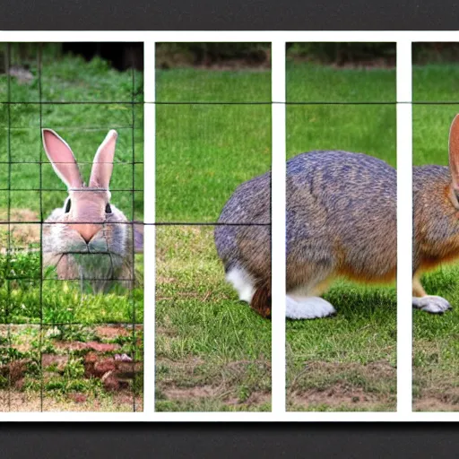 Prompt: a rabbit jumping up over a fence, film strip showing 9 stills in a grid