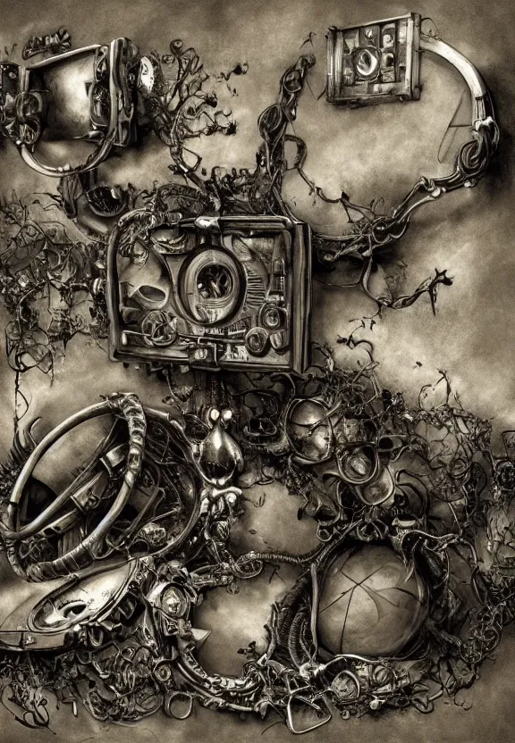 Prompt: simplicity, elegance, medical machinery, cameras lenses, animal skulls, radiating, minimalist environment, by ryan stegman and hr giger and esao andrews and maria sibylla merian eugene delacroix, gustave dore, thomas moran, the movie the thing, pop art, street art, graffiti, saturated, in the style of matthew barney