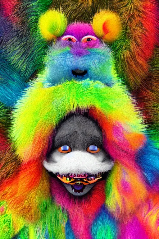 Image similar to a multicolored furry monster with a fuzzy horns, a character portrait by jim henson, behance contest winner, psychedelic art, behance hd, irridescent, colorful, centered, matte background