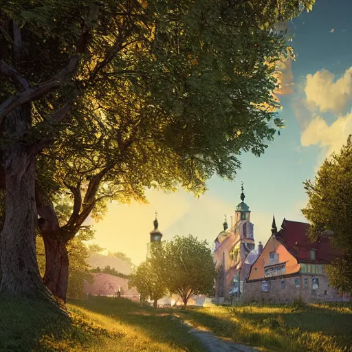 Image similar to a beautiful hyper realistic photo of banska stiavnica in summer with old houses and trees in sunset, sky, v - ray, octane render, unreal engine, by greg rutkowski and james gurney, artstation