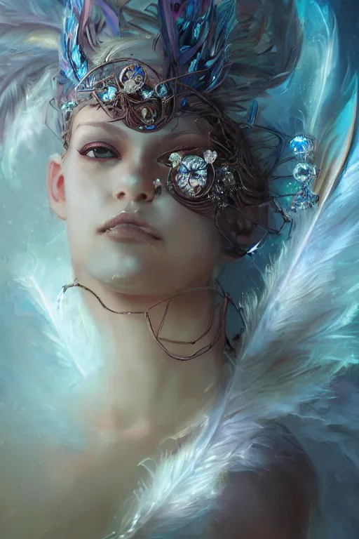 Image similar to face closeup of a beautiful model wearing feather mask, casting magic spell holding diamonds, angel, fantasy, dramatic lighting, highly detailed, digital painting, holding electricity, magic the gathering, hyper detailed, 3 d render, hyper realistic detailed portrait, peter mohrbacher, wlop, ruan jia