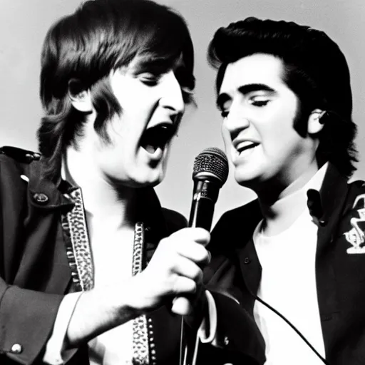 Prompt: john lennon and elvis singing together in the same microphone, concert photography from the 70s, bokeh, 4k